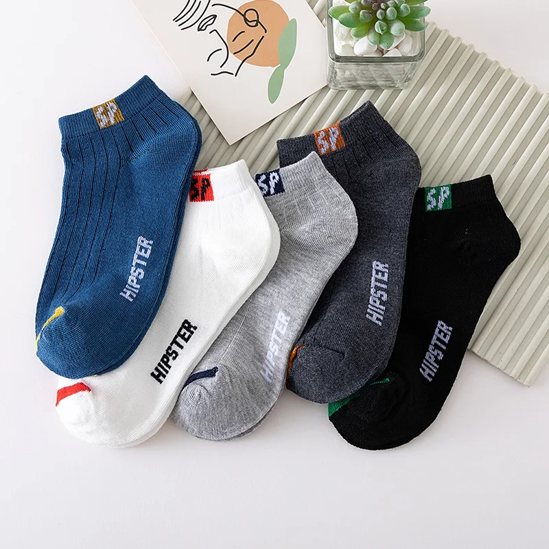 5 Pairs Mens Letters SP Short Socks Spring And Summer Shallow Low Top Sport Short Socks Trend In Tube Socks