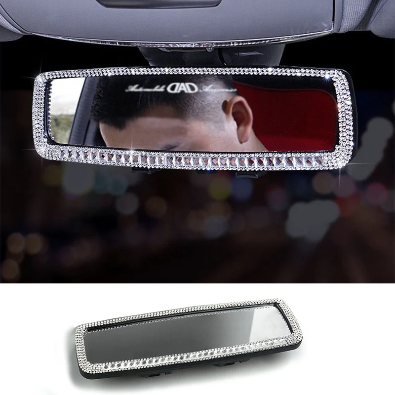 Universal Car Interior HD Rearview Mirror Decor Charm Crystal Bling Diamond Rear View Mirror Ornament Women Auto Accessories
