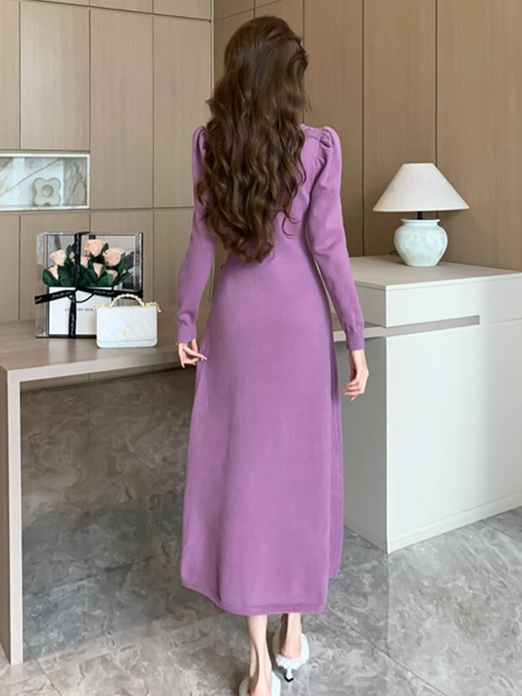 Women Clothes Elegant Knitted Long Dress Ladies Sweet Sweater Stretchy Hook Flower Maxi Robe Holiday Party Mujer Vestidos Spring