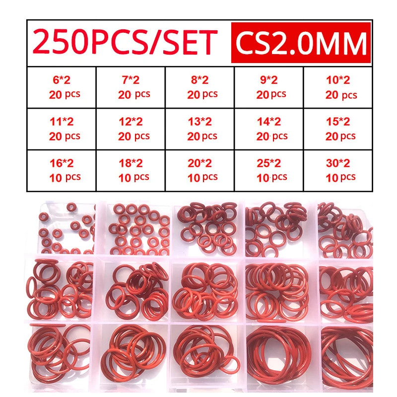 Red Silicone O Rings 250-100Pcs O-Rings Red Silicone VMQ Seal Sealing O-Rings Silicon Washer Rubber O-Ring Assortment Kit Set image 3