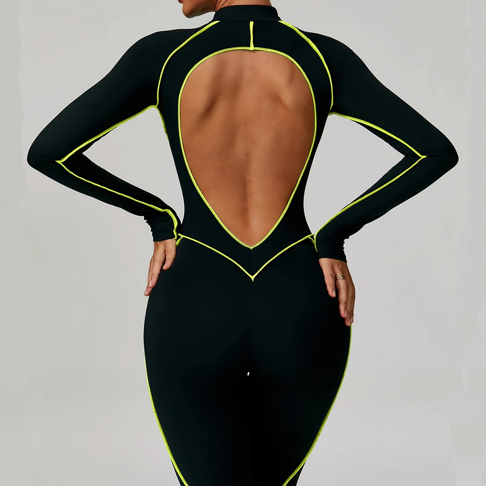 ジッパージャンプスーツ女性ジムセット新中空アウト長袖ボディコンロンパース背中の開いたファッションカラーブロッキングロンパースアスレチックウェア