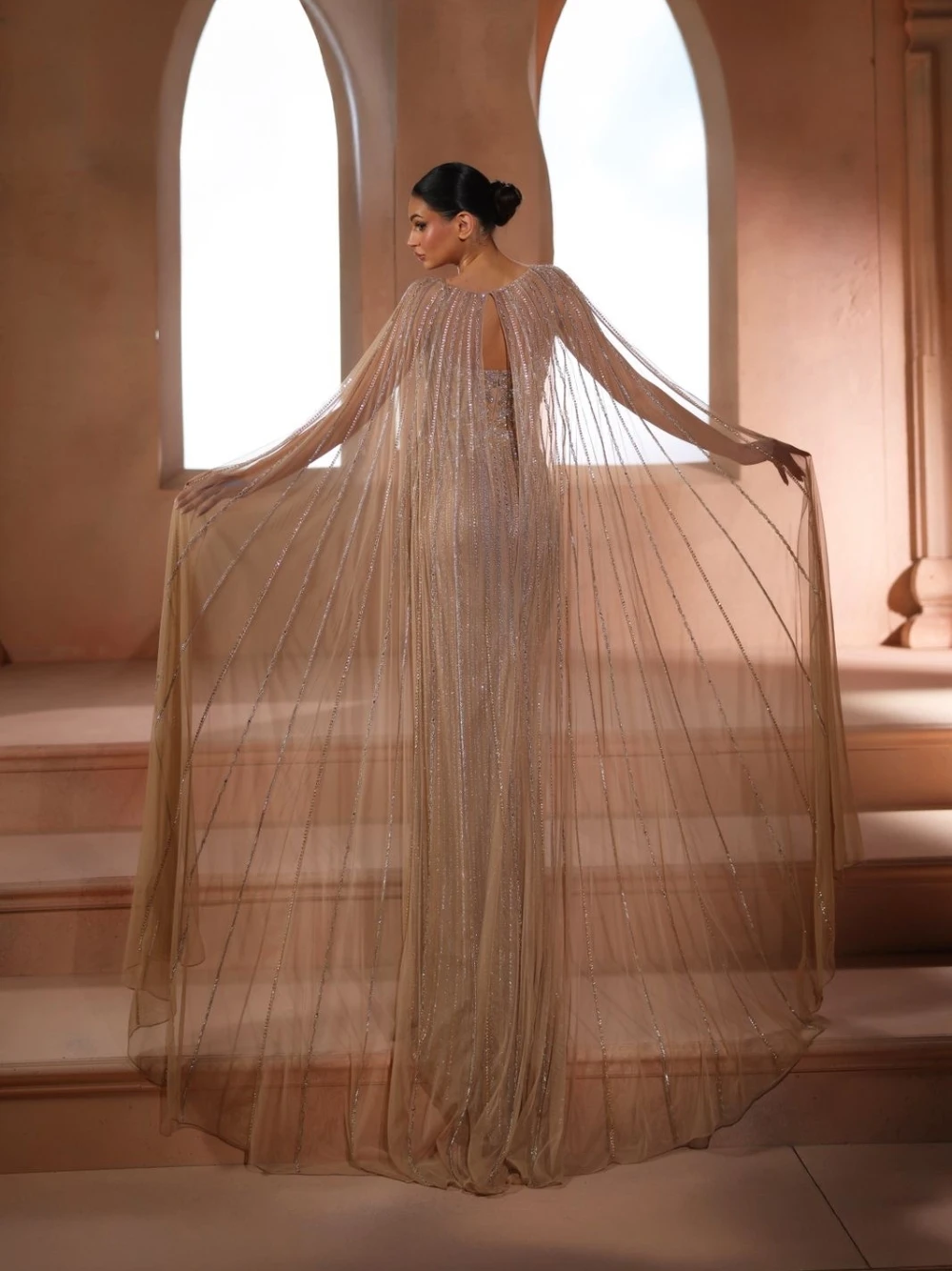 Nude Champagne Arabic Evening Dress With Long Cape Delicate Richly Shimmering Beaded Customized Prom Cocktail Gown For Women