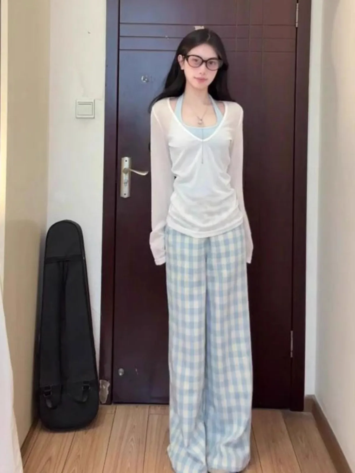 Korean Style Long Sleeve Neck Hanging Strap Women's Sun Protection Cover up Top And Bottom Two-Piece Set Spring Summer New Ar...
