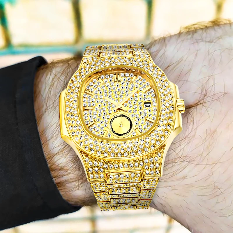 

MISSFOX Hip Hop Wrist Watch For Men Luxury Ice Out Full Diamond Gold Watches Fashion Waterproof Automatic Date Male Clock 2022