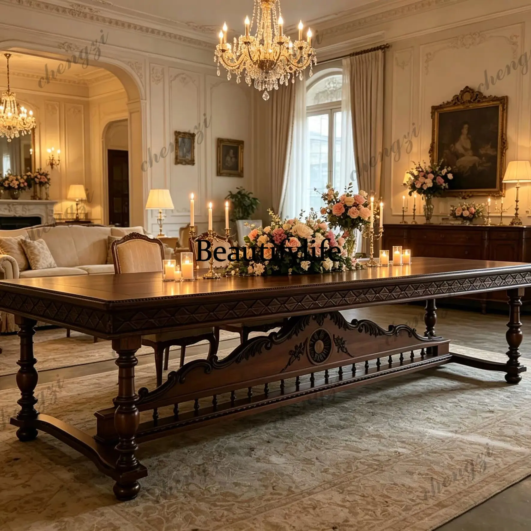 French retro carved solid wood super long dining table villa large flat floor classical heavy industry carved banquet table