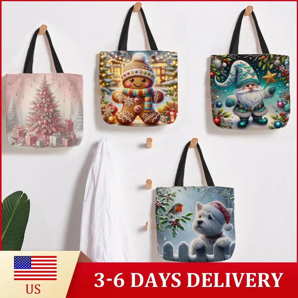 

4pcs Christmas Linen Tote Bag Handbag Large Capacity Women Shopping Shoulder Bag
