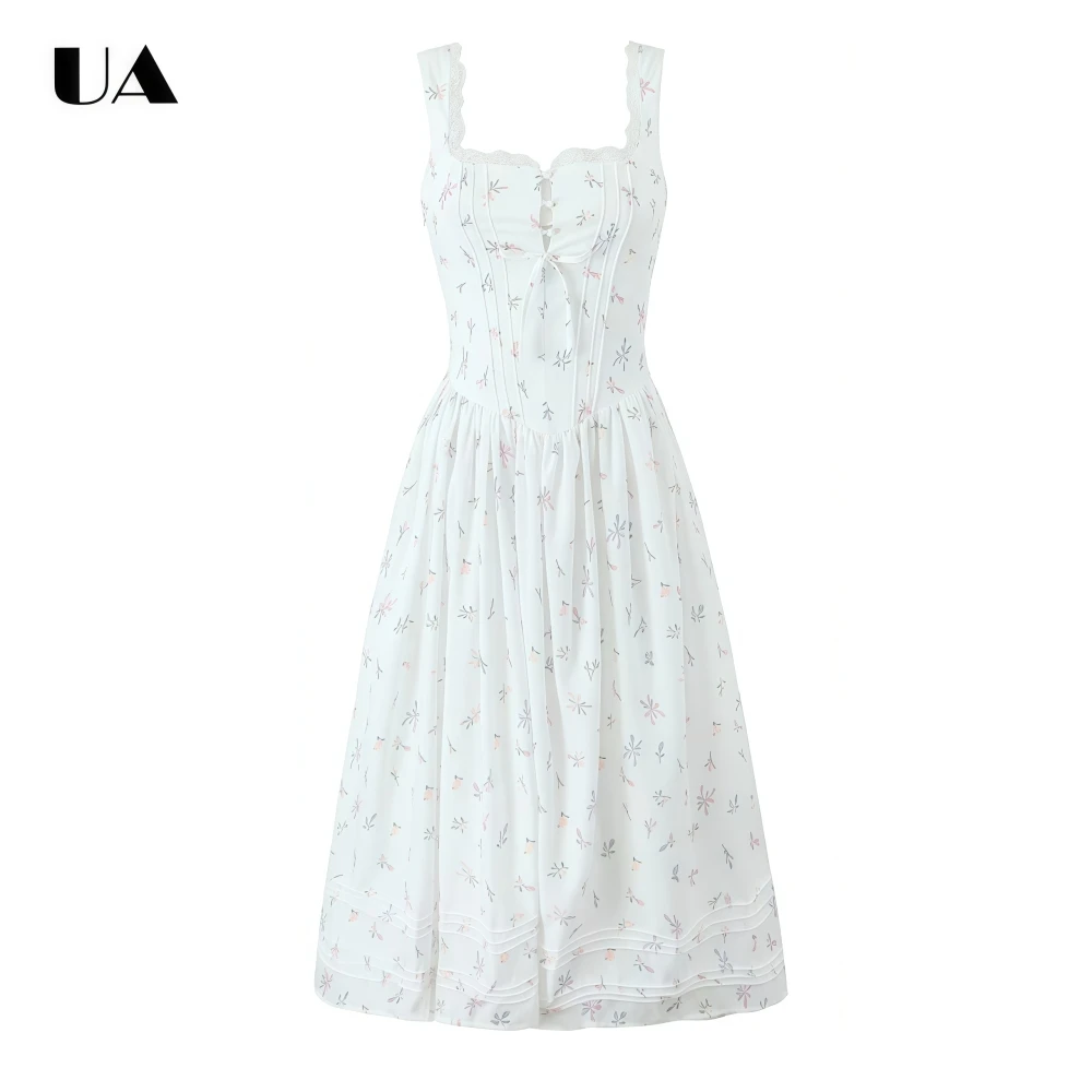 

Elegant Fit-and-flare Lace-up Printed Long Dress with Lace-trimmed Square Neck, Trendy Sleeveless Midi Dress Sweet Zipped Dress