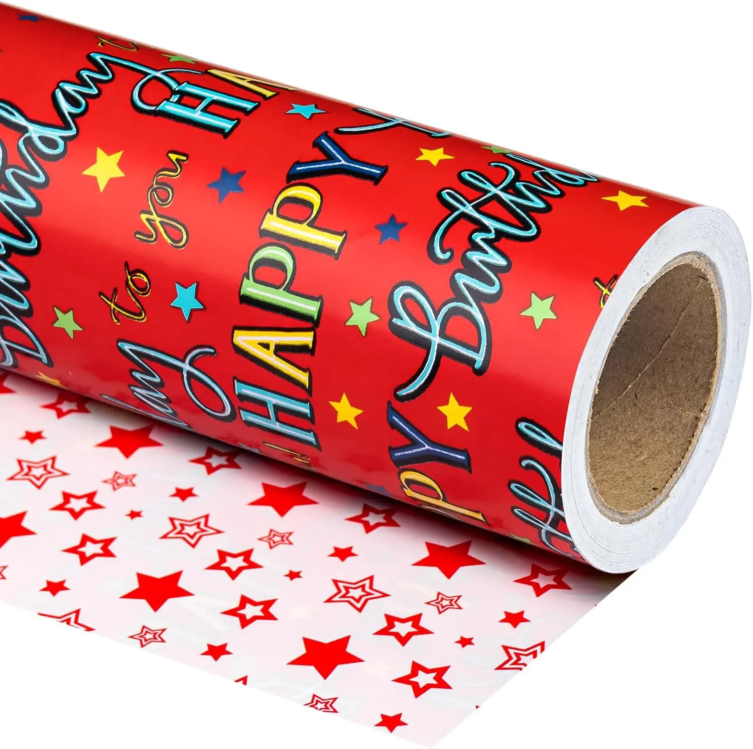 

Jumbo Reversible Birthday Wrapping Paper - 30 Inch x 100 Feet Jumbo Roll - Red Happy Bday to you Lettering and Stars Des