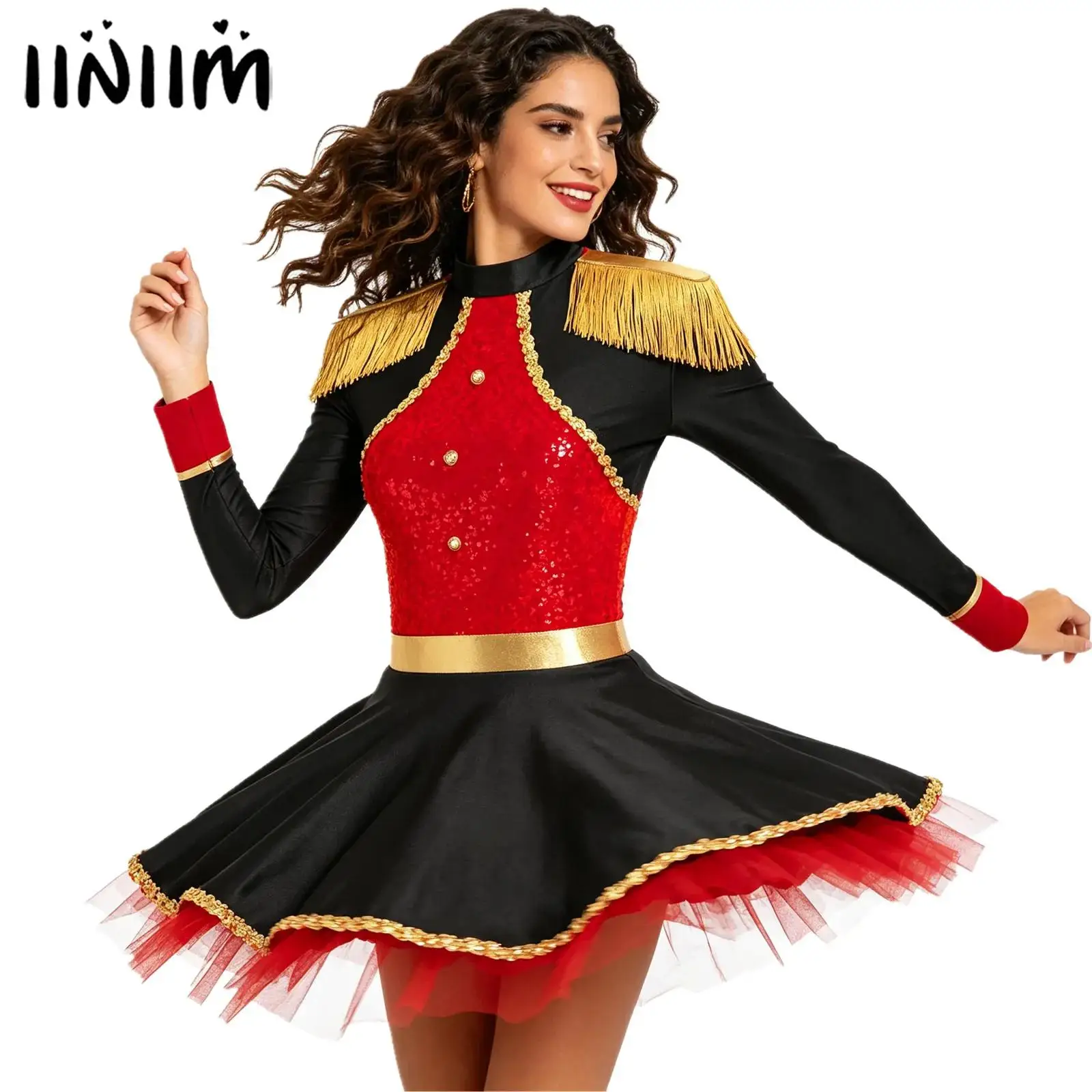 Body de circo Ringmaster para mujer, vestido con flecos y parches en los hombros, vestido de lentejuelas brillantes, banda de mago, baterista, disfraz de Halloween