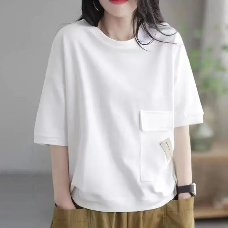 Women\'s T-shirt Short Sleeved Pure Cotton 2024 Summer New Korean Commuting Patchwork Loose Pocket Solid Round Neck Pullover Tops