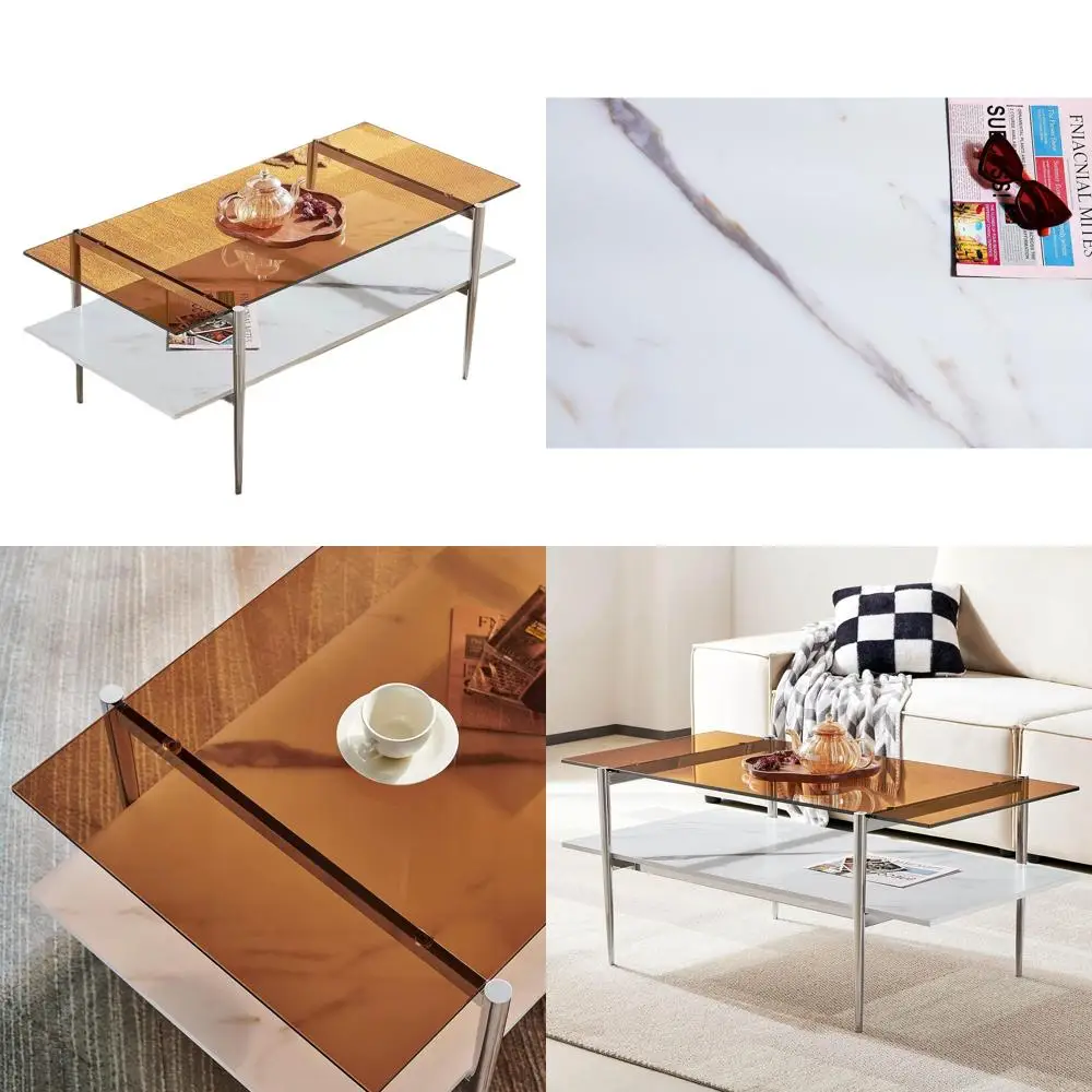 

Mid-Century Modern Coffee Table with Chrome Legs, Brown Glass Top and faux Marble Wood Shelf, 41 inches