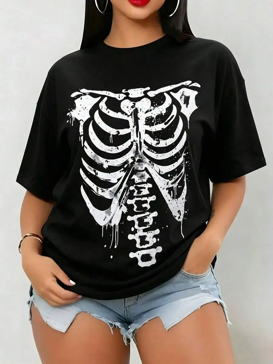 Women Goth Style Skeleton Print Oversized Short Sleeve T Shirt Casual Streetwear Halloween Party Summer Daily Wear Top