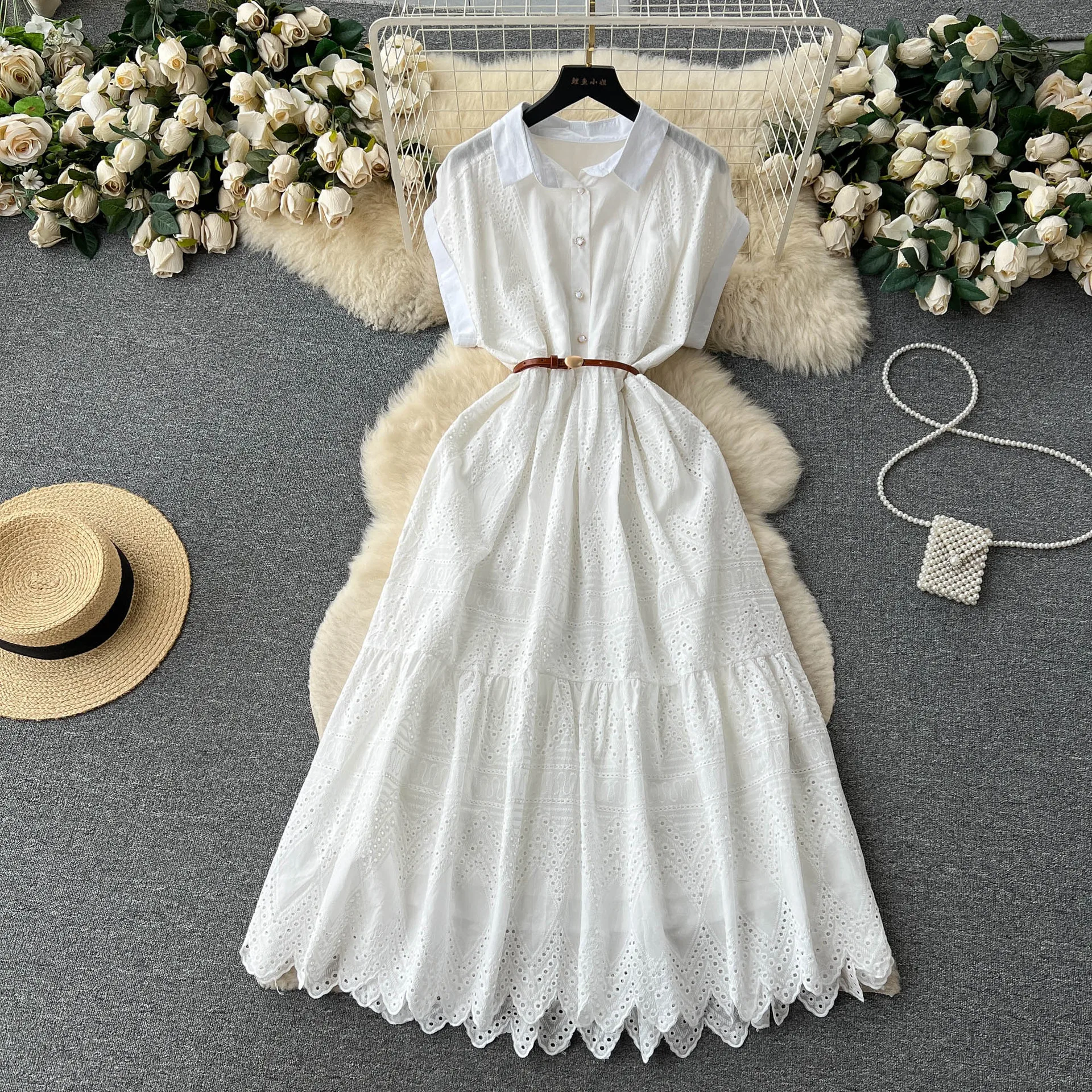 Women Dress Whhite Shirt Dresses Turn Down Collar A Line Short Sleeve Party Casual Slim Fit High Waist Belt Long Vestidos Summer