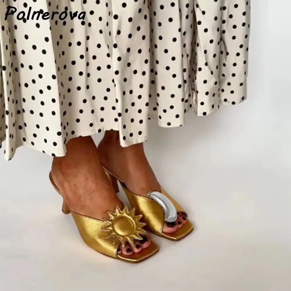 Sandales à appliques métalliques Soleil et Lune, color block, bout carré, talon chaton, mules élégantes pour femme, idéales pour l'été, les fêtes et les vacances