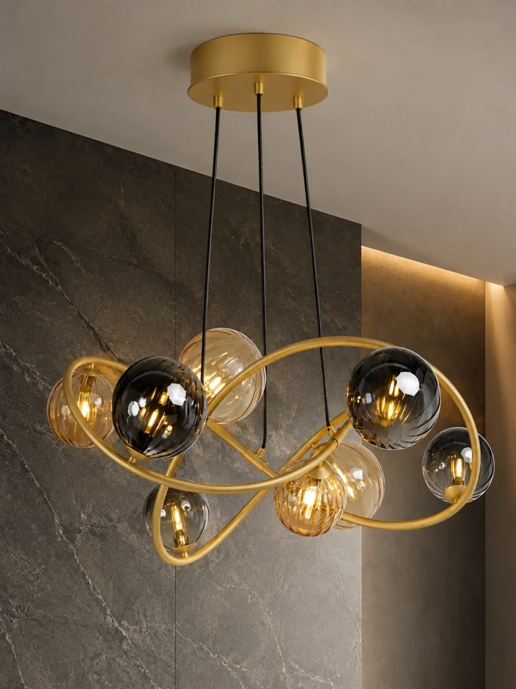 Chic Modern Art Deco Gold Metal Ribbed Glass Globe Pendant Light with Amber Smoky Shades for Living Dining Decor