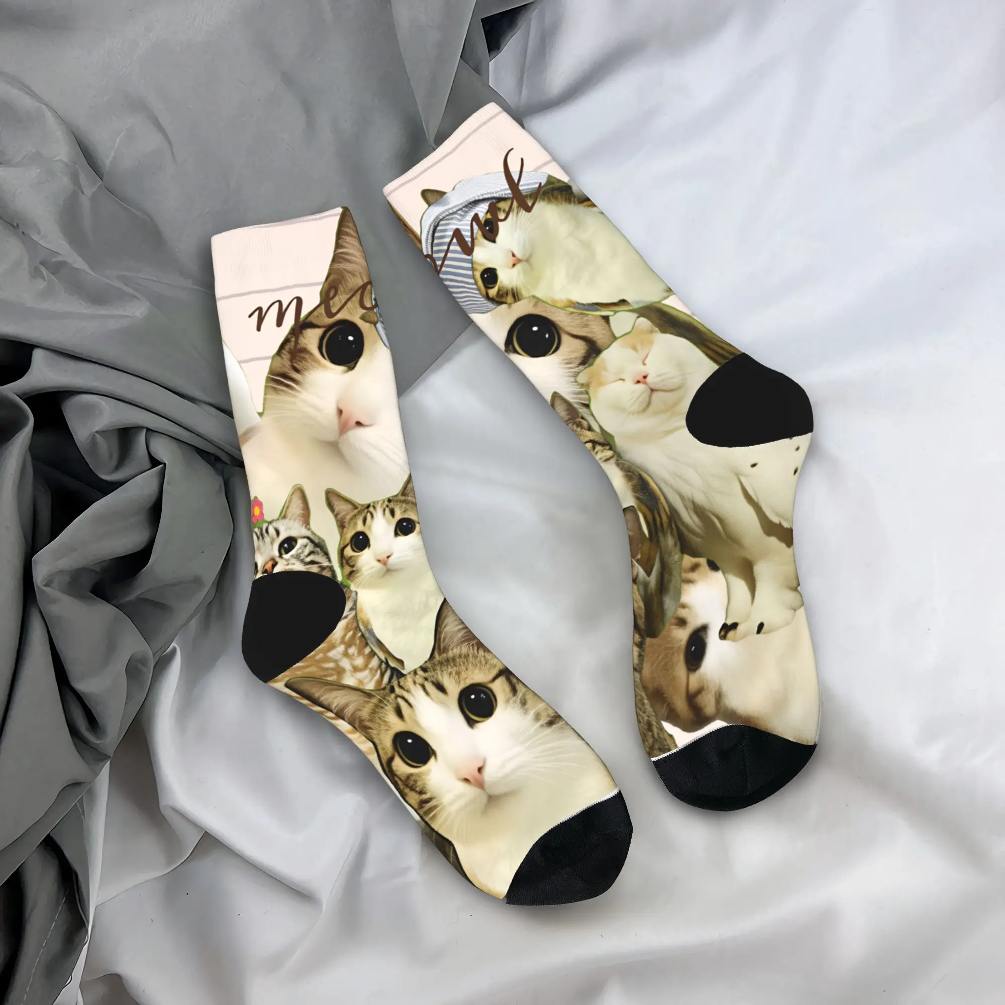 

Cute Meowl Cat Collage Stockings Design Funny Socks Autumn Anti Sweat Socks Couple Skateboard Quality Socks