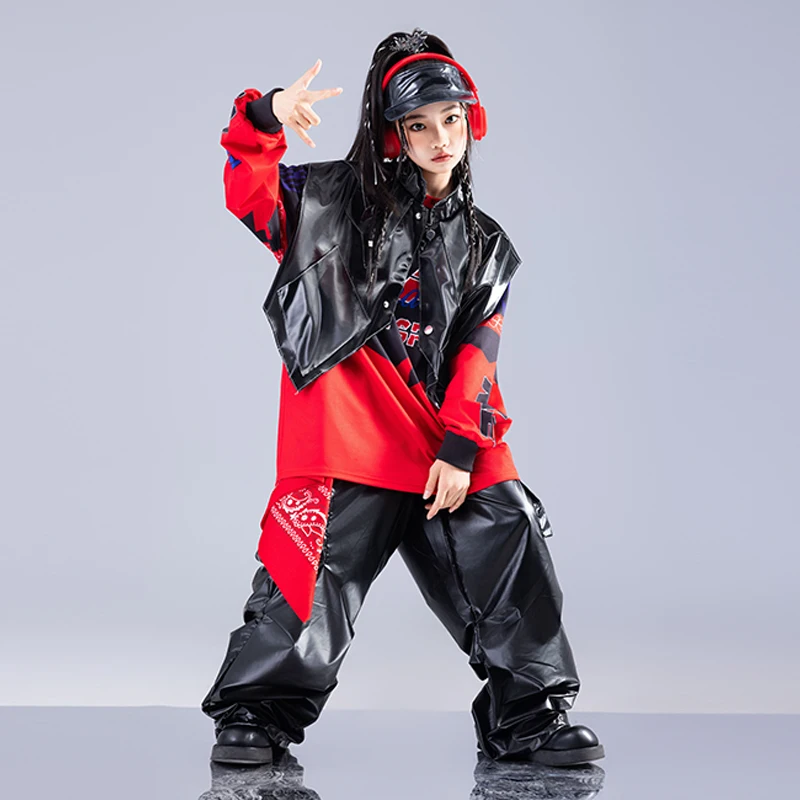 

Children's Street Dance Costume Boys' Set Children's Hip-hop Street Explosive Clothing Leather Pants Girls' Performance Costume