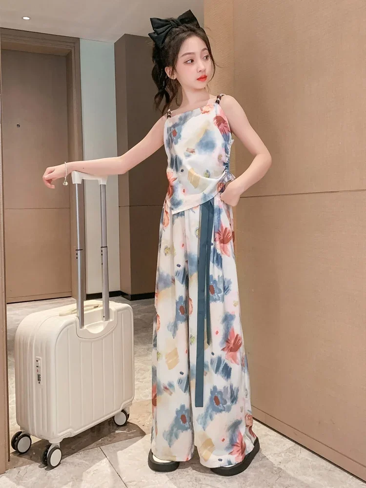 

Girls Summer Outfit Thin Watercolor Print ter Wide Leg Pants Two Piece Set Children's Clothing Ethnic Sle Kids Faion