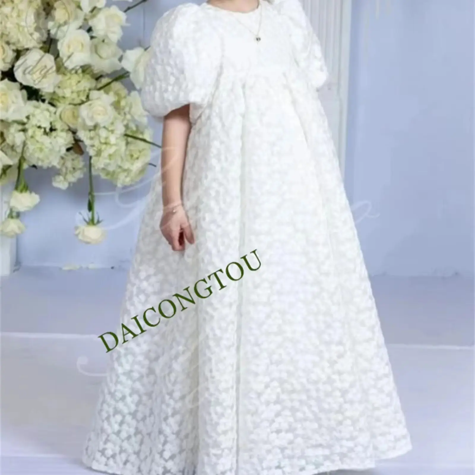 

CustomizedWedding & First Communion Flower Girl Dress with Balloon Sleeves & Hollow Out Lace - High Waist Princess Pageant Gown
