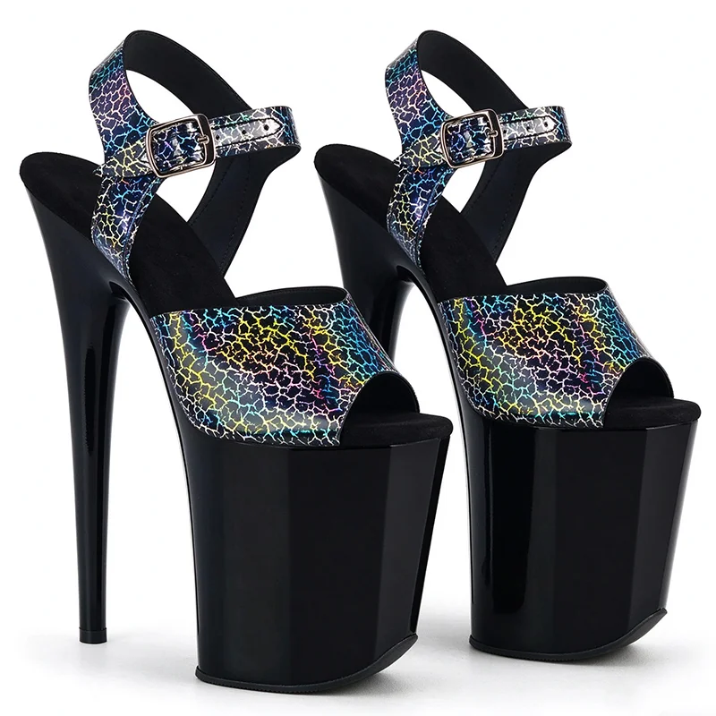 Holographic Crackle Peep Toe Platform 20cm High Heel Sandals, Ankle Strap Buckle Stiletto Exotic Pole Dance Shoes for Women