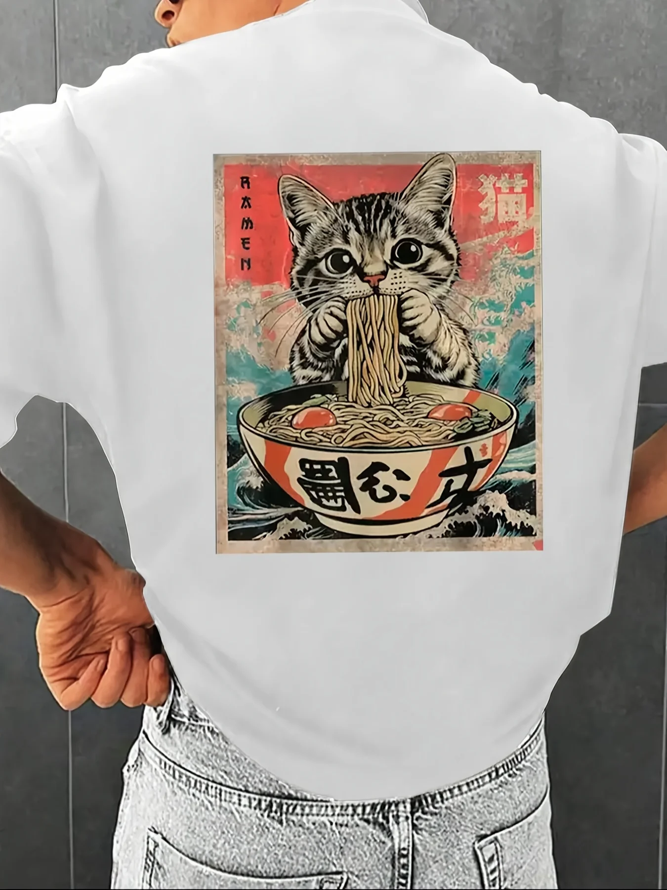 Japanese Ukiyo-e Style Cat Eating Ramen Graphic T-Shirt Men Women Retro Art Food Lover Casual Short Sleeve Cotton Tops