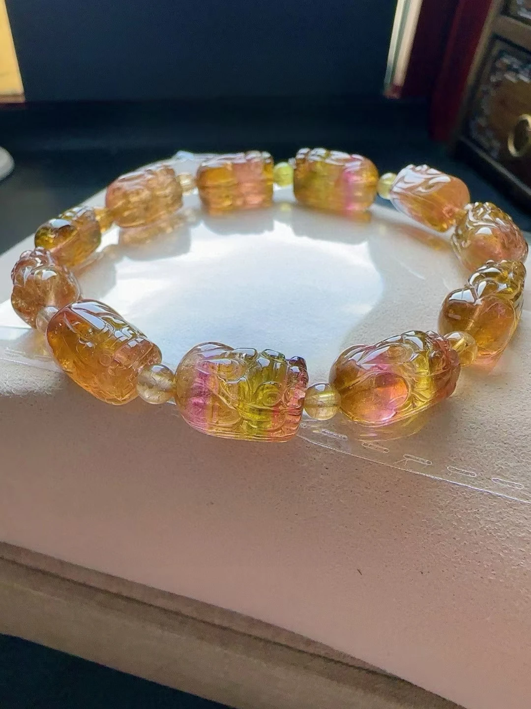 Natural Yellow Tourmaline Pi Xiu Beads Bracelet 15.8/9.4/9mm Pendant Clear Beads Watermelon Tourmaline Women Jewelry AAAAAAA