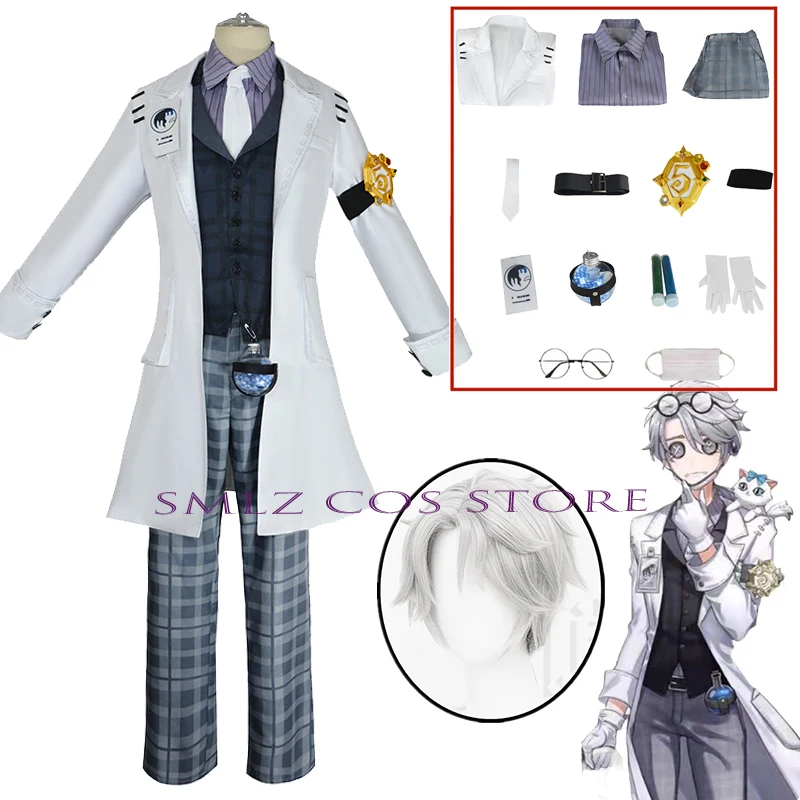 Anime Aesop Carl Cosplay Costumes Game Identity V Embalmer School Uniform White Trench Wig Suit Halloween Party Outfit for Men