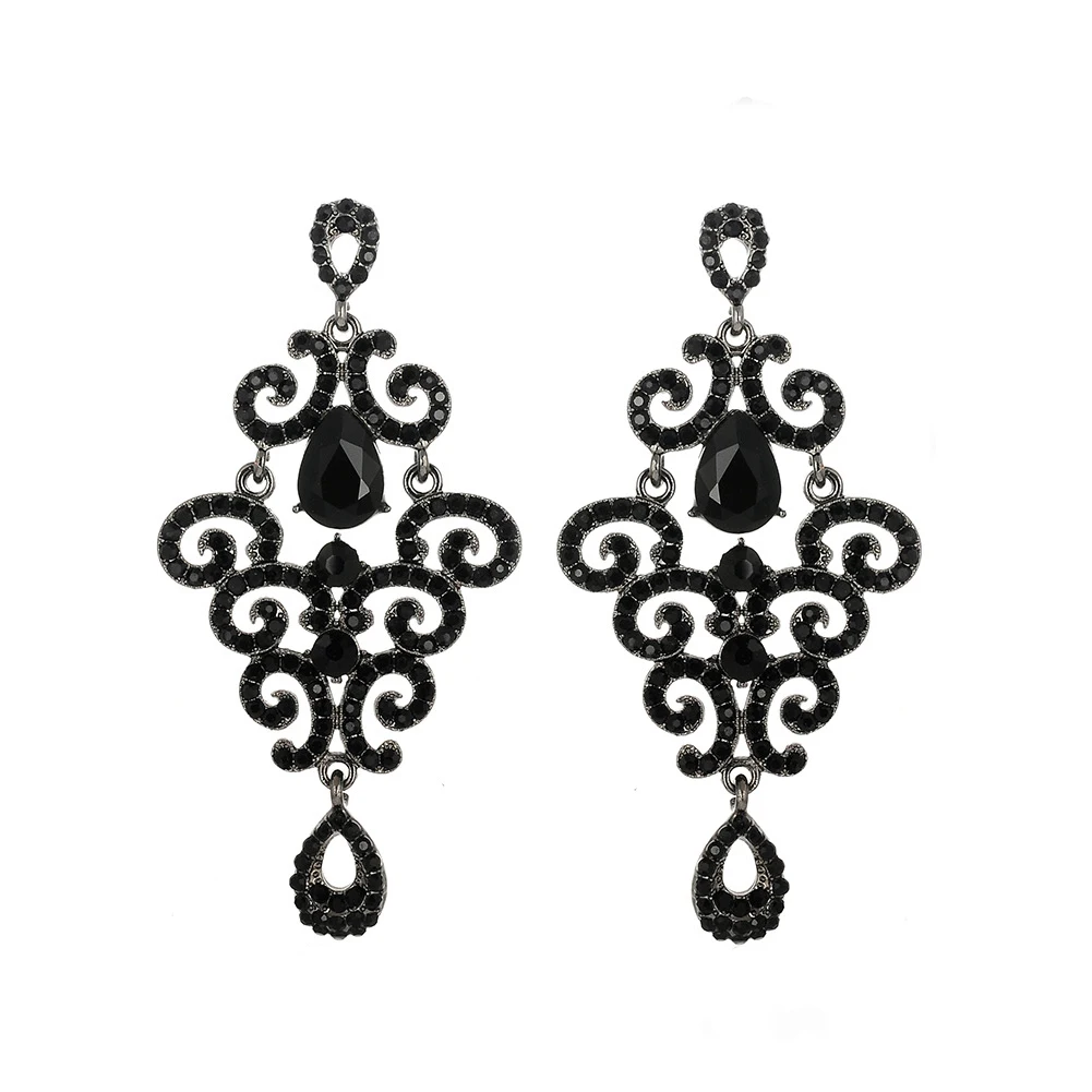 Luxury Jewelry Accessories Gothic Evening Glamour Long Big Chandelier Crystal Rhinestone Black Bold Statement Earrings for Women