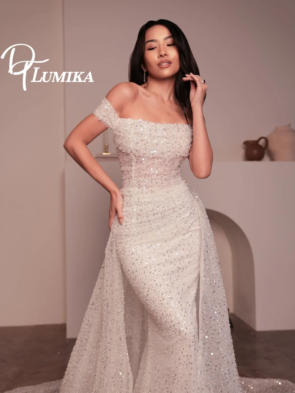 

Glamorous Off-Shoulder Sequin Wedding Dress 2026 Romantic Glittering Bridal Gown Fashion Mermaid Floor-Length Bridal Dress Robe
