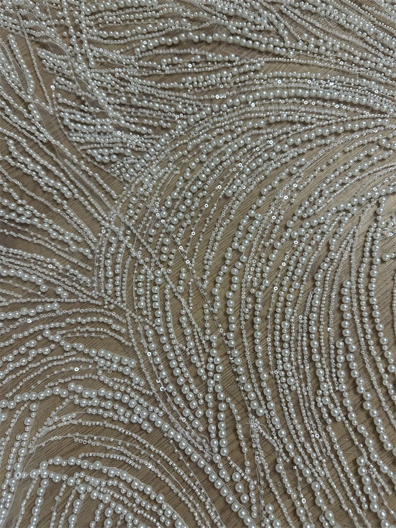 High End Unique Heavy Rich Pearls Beads Off White Wedding Gown Dress Lace Fabric Sell By 1 Yard