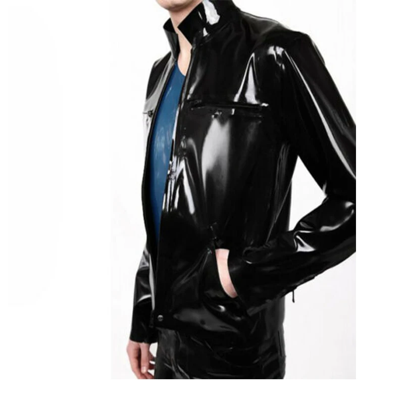100% Handmade Male Rubber Latex Tops Outwear High Collar with Front Long Zip Long Sleeve Classic Jacket Black Sexy Hot Coat