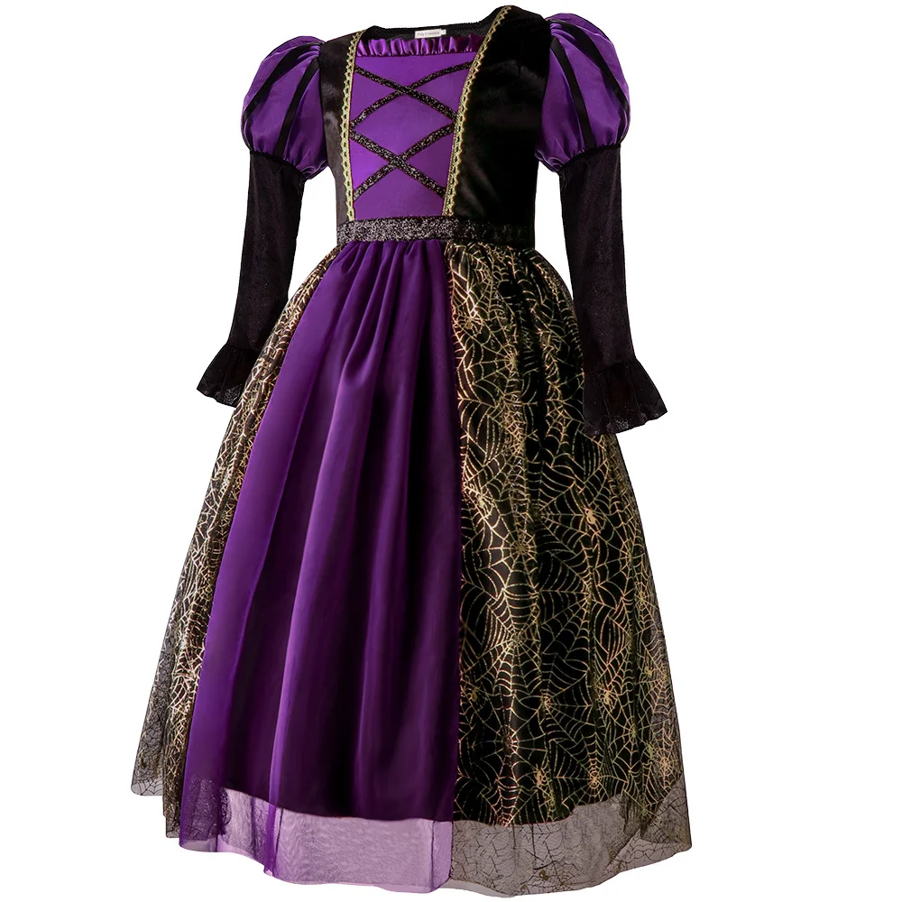 Halloween Carnival Party Dress for Girls Cosplay Witch Purple Puffy Long Sleeve Gold Spider Web Print Dress Accessories Suit