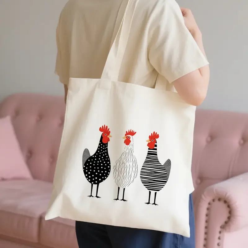 Watercolor Hand Drawn Farm Chicken Art Canvas Tote Bag Portable Handbag For Daily Commute Shopping And Short Travel Use