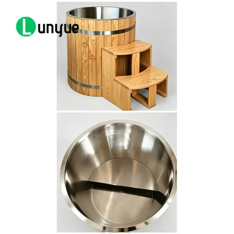 Canadian Redwood Cold Plunge Tub Stainless Steel Freestanding Cylindrical Ice Bath Barrel for Outdoor Home Spa Recovery