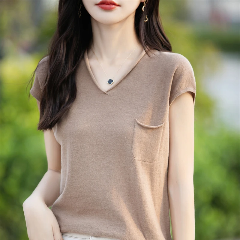 Women's T-shirts Summer New 100% Cotton Short Sleeve Casual Solid Color Knit Blouse V-neck Tops Pocket Loose Pullover Tees