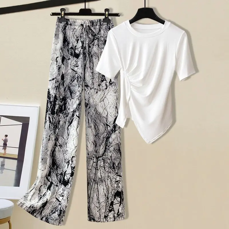 Spring and Summer Fashionable New Wide Leg Ice Silk Casual Pants+split Short Sleeve T-shirt Westernized Age Reduction Two-piece