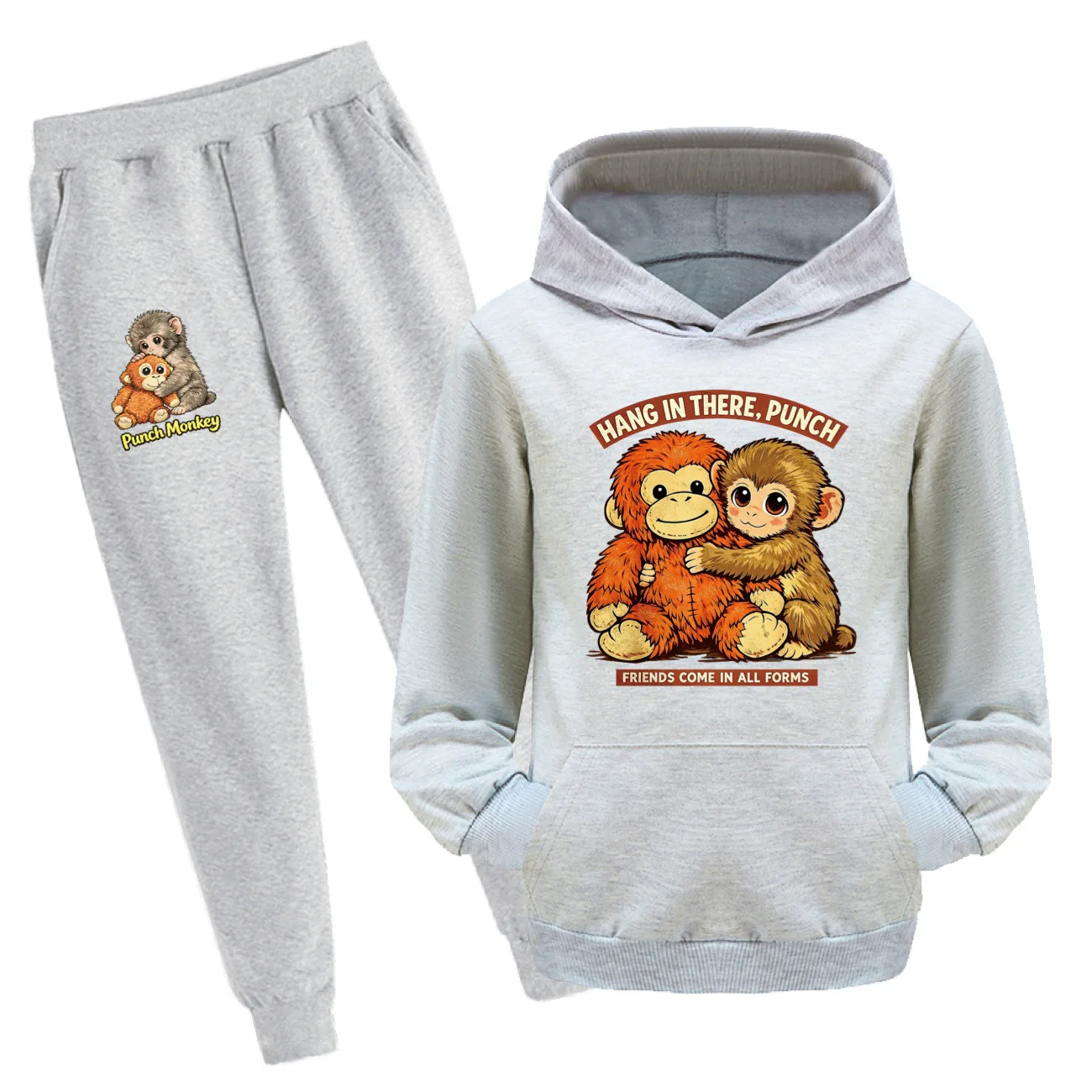 Punch Monkey Kawaii Printed Hoodie And Pants Set for Kids Autumn Casual Soft Sports Outfit for Boys And Girls with Pockets