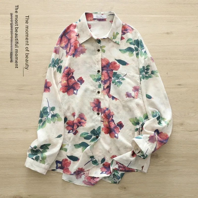 

plus Size Cotton Linen Floral Print Long Sleeve Shirt Women's Casual Style Spring Autumn Top Comfortable Loose Fit Blouse