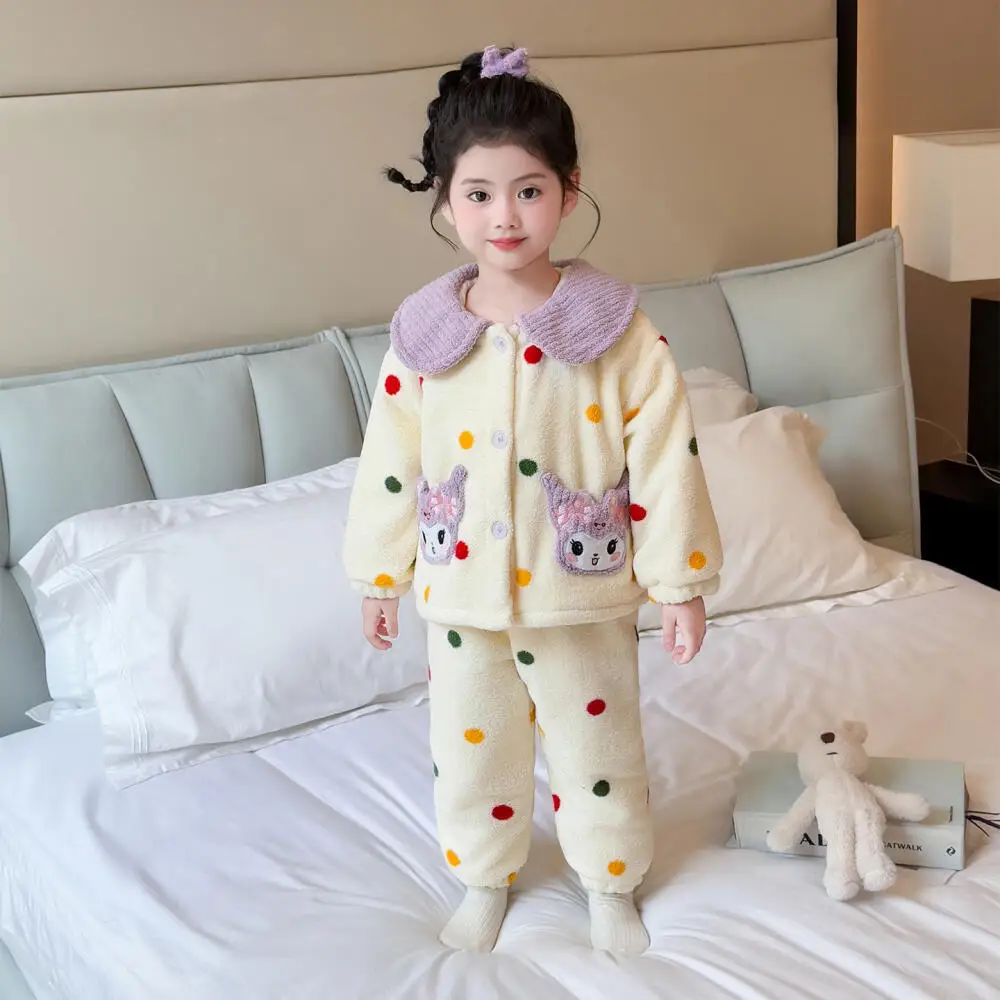 

Sanrio Kuromi Girls' Coral Fleece Pajama Set My Melody Autumn and Winter Children's Thickened Flannel Cardigan Home Clothes