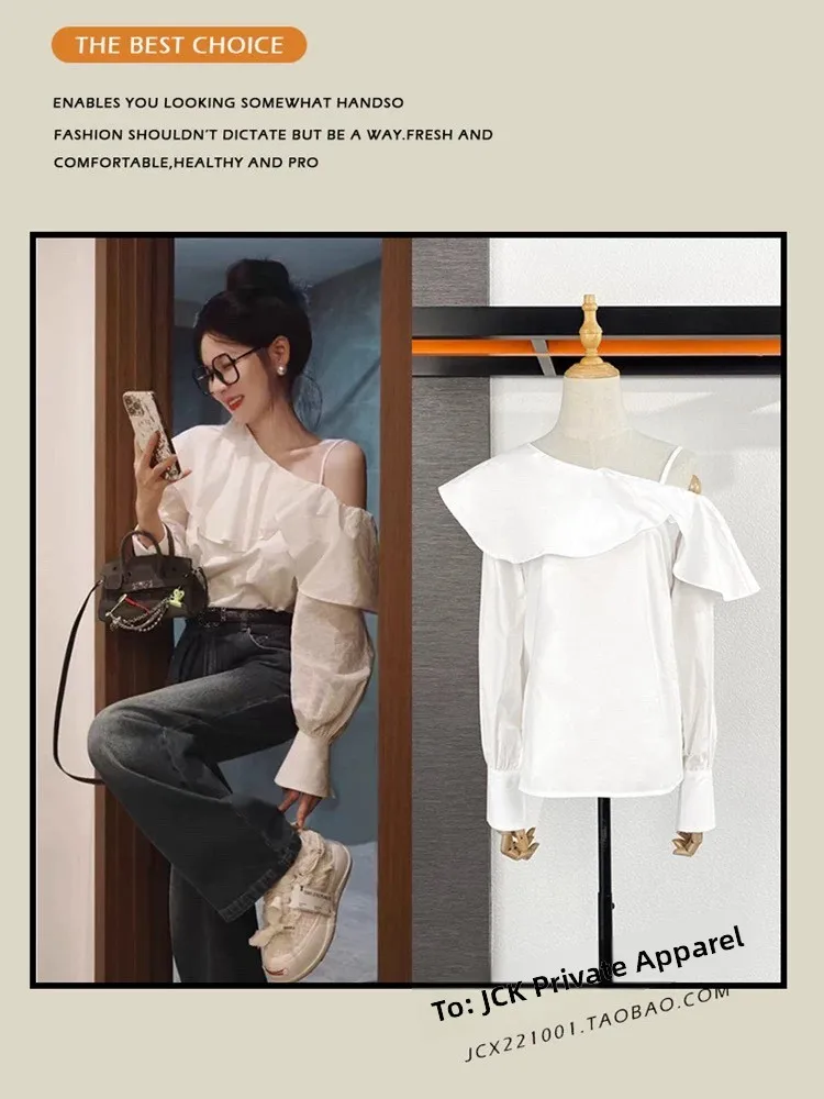 

White Asymmetrical Shoulder Long Sleeve Women's Shirt Design Sensation Small Audience Exposure Shoulder Shirt Commute Style K...