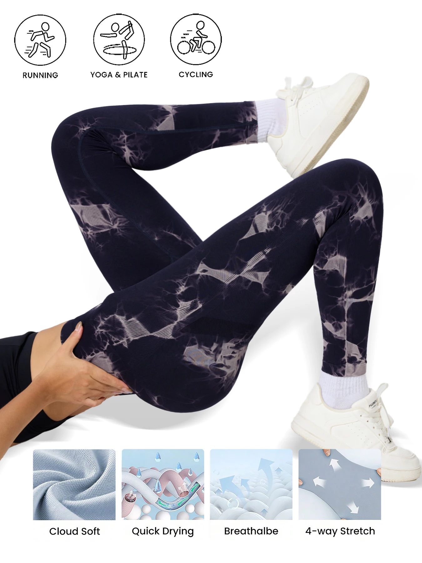 3 قطعة سراويل رياضية نسائية عالية الخصر مصبوغة بربطة عنق ، رفع الأرداف وتنحيف الساقين سراويل اليوغا