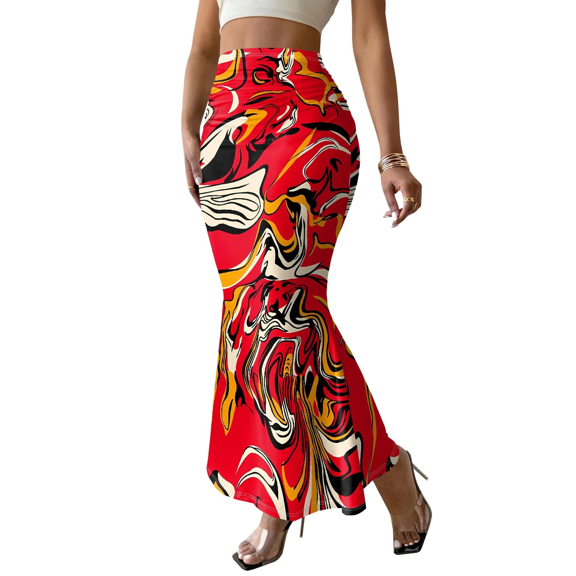 Abstract Red Mermaid Skirt, Artistic Print Maxi Skirt, High Waist Bodycon Skirt, Summer Beach Party Wear, S-2XL