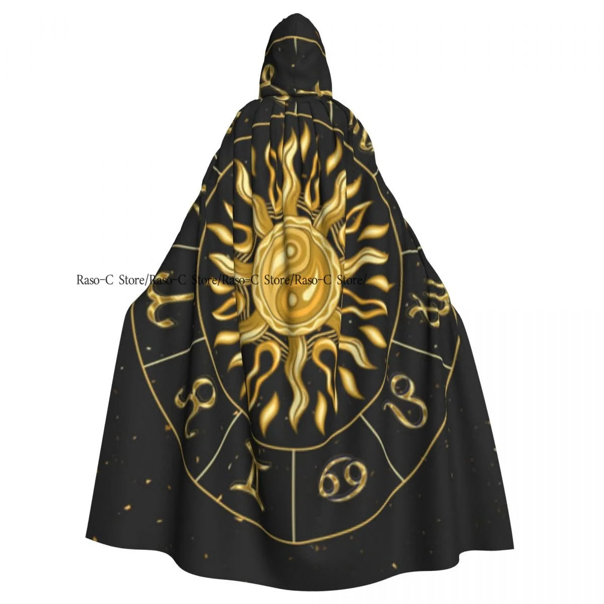 Hooded Cloak Unisex Cloak with Hood Horoscope Wheel With Golden Shiny Zodiac Signs Cloak Vampire Witch Cape Cosplay Costume