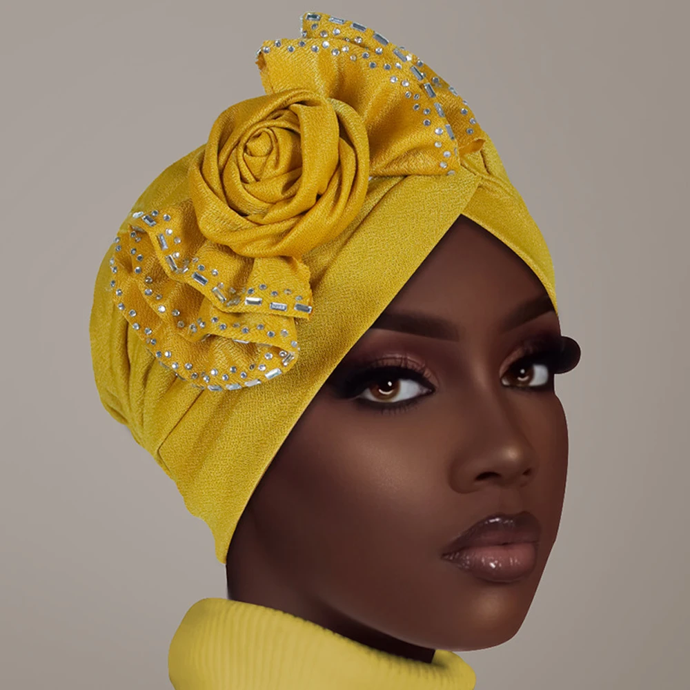 

New African Turban Women Muslim Flower Hijab Hat Chemo Cap Diamonds Headscarf Bonnet Beanies Hair Loss Head Wrap Turbante Mujer