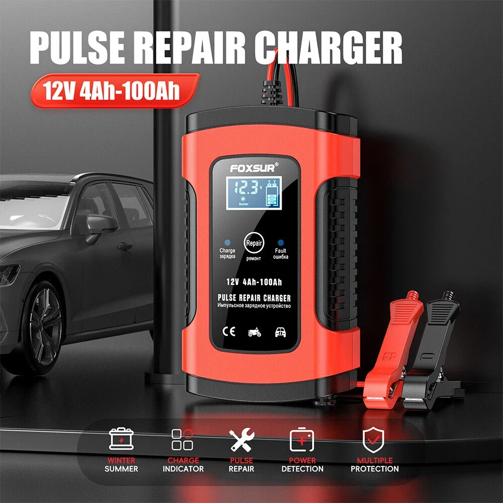 

Car Battery Charger Maintainer Portable Auto Power Supply Digital Pulse Repair Charger Truck Motorcycle ATV Auto Trickle RV 12V