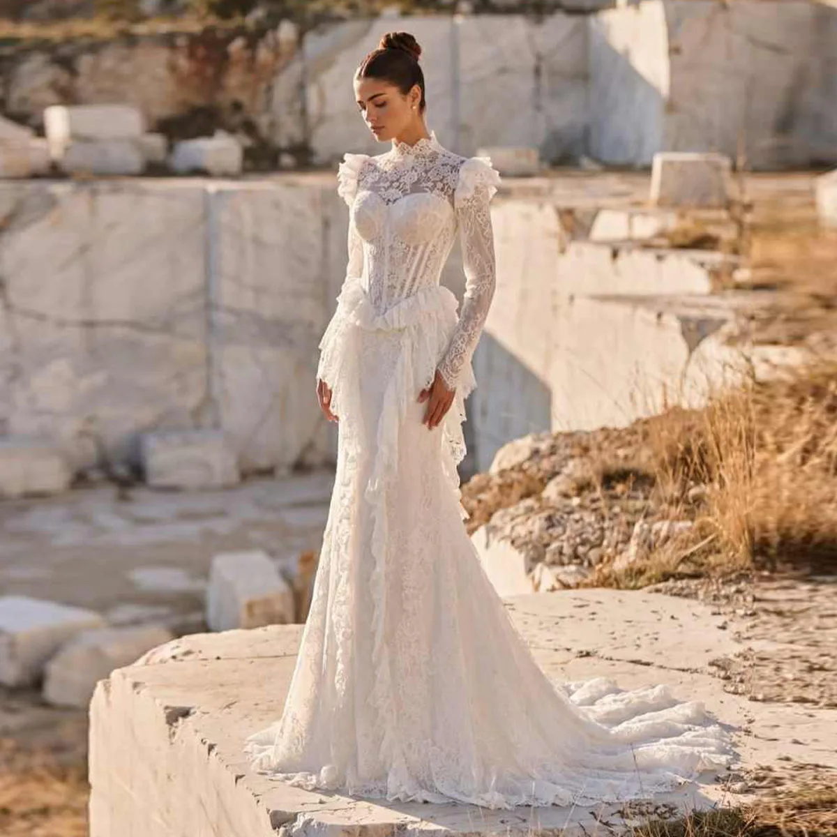 Customized Lace Mermaid Wedding Dresses For Girls Long Sleeve Lace Applique Open Back Party Gowns Formal Vestido Marrie
