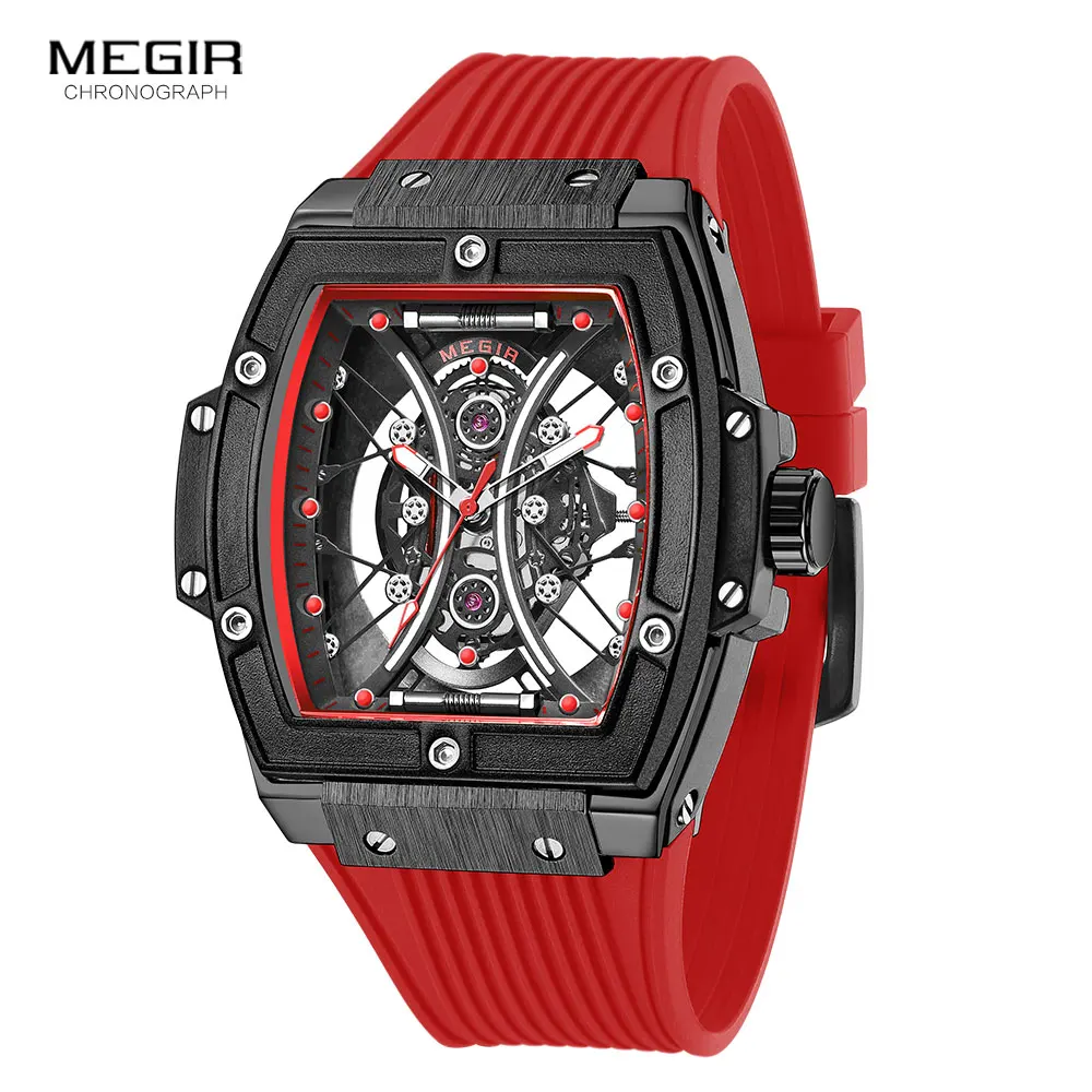 MEGIR Military Sport Red Watch Men Waterproof Analog Quartz Wristwatch with Tonneau Dial Luminous Hands Silicone Strap 8109