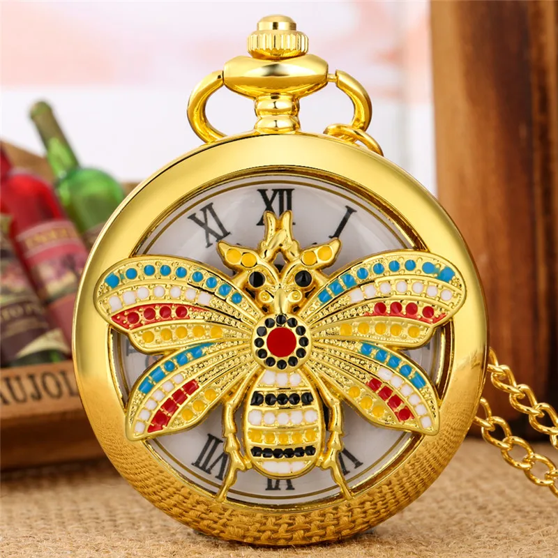 Bronze Taschenuhr aushöhlen Bienen bezug Männer Frauen Quarz Analog uhr römische Nummer Zifferblatt Anhänger Pullover Kette goldene Uhr