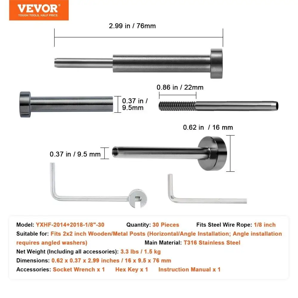 30-Pack Invisible for cable Railing Kit - T316 Stainless Steel 1/8 Swage Studs & Tensioners for wood /Metal Posts, Black