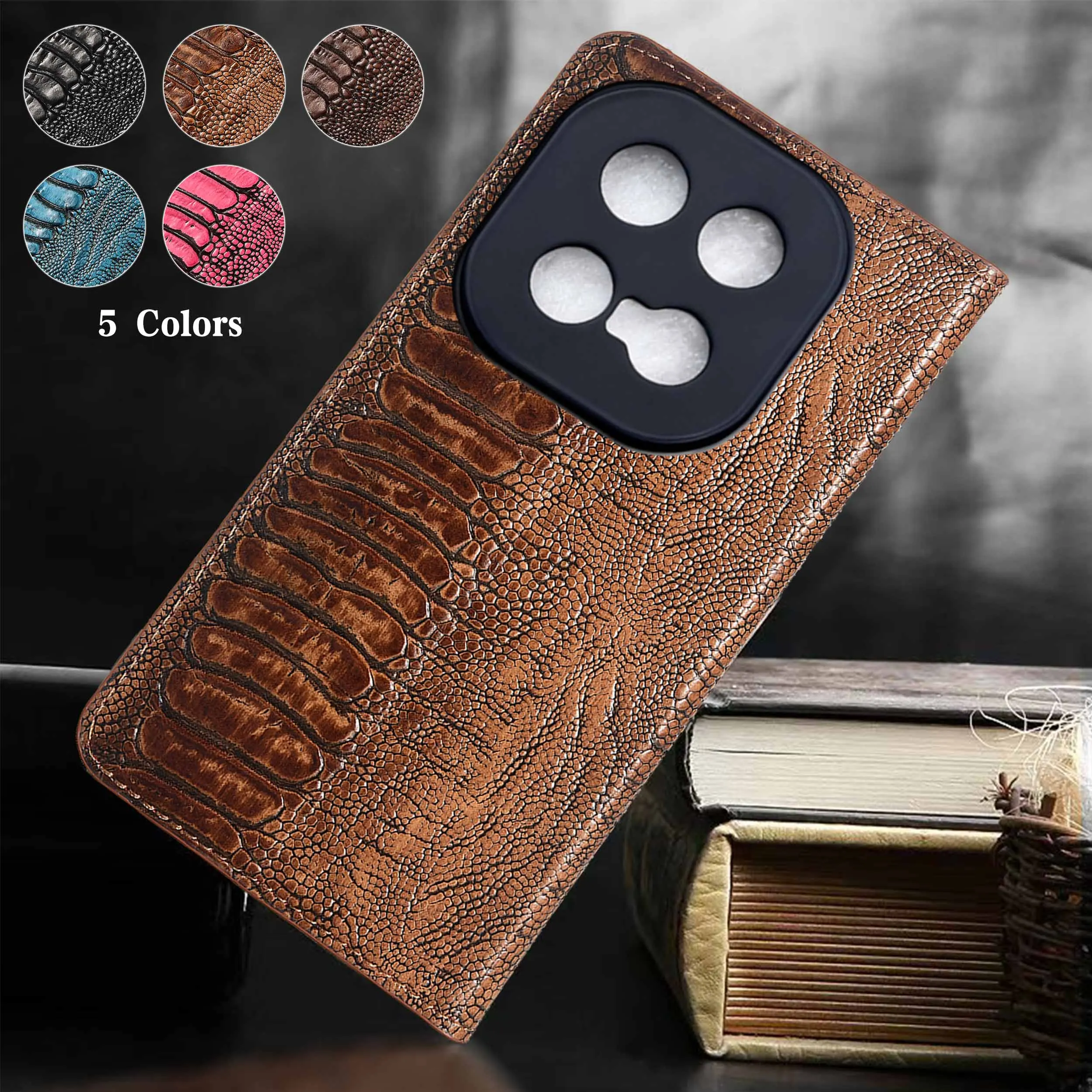 

Genuine Leather Phone Case For Vivo iQOO 3 5 7 8 9 10 11 11S 12 13 15 Pro Ostrich Feet Pattern Flip Cover Case Cowhide Non-Slip